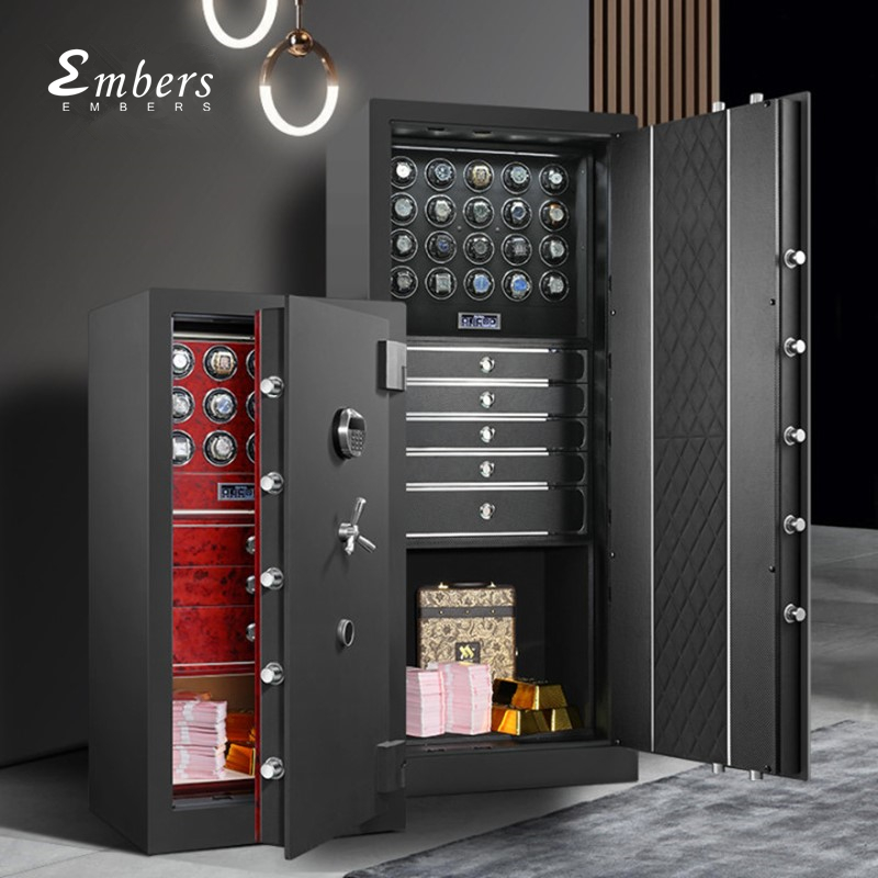 Embers Luxury Watch Winder Safe Cabinet Solid Wood Box Anti-theft LCD Touch Screen Leather Jewelry Strongbox With Fingerprint unlock